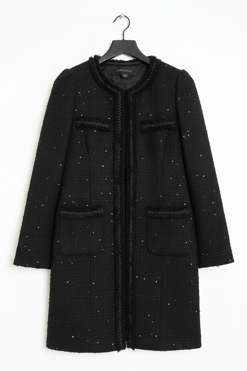 Elegant black tweed jacket with sparkle detailing and classic four-pocket design on hanger