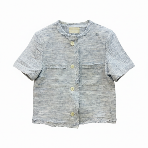 Chic Short-Sleeve Tweed Jacket in Sky Blue - Front View