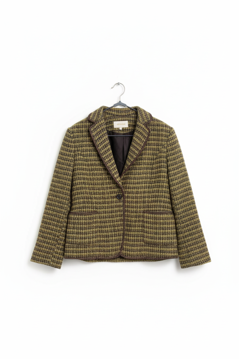 Sophisticated Olive Green Tweed Blazer - Front View