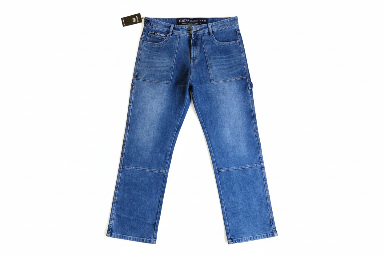 Medium blue utility denim jeans with background removed